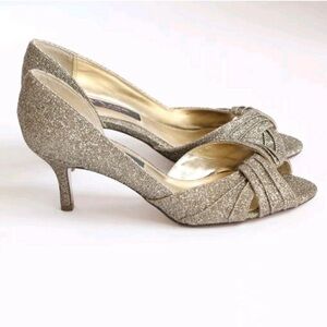 NINA Peep Toe D'orsay Kitten Heels Pumps Metallic Gold Shimmer Sparkle 7.5